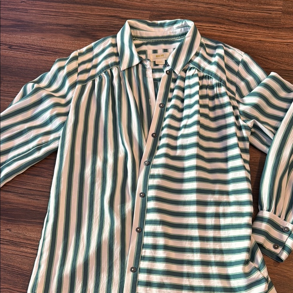 Anthropologie Maeve Green and White Striped Shirt